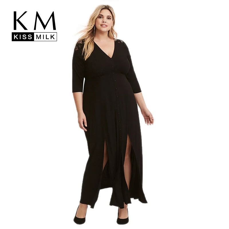 

Kissmilk Plus Size Women Hollow Out Dress Ankle Length Solid Straight Half Sleeve V-Neck Slit Sexy Flowing Spring in Party