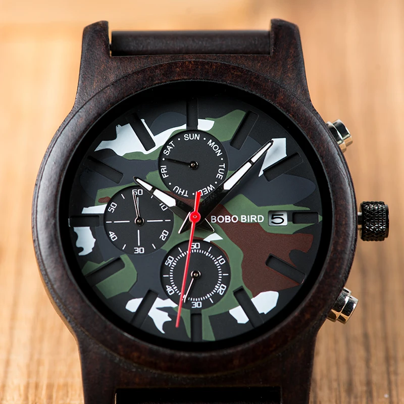 BOBO BIRD Male Wooden Watch Men Wood Quartz Jungle Camo Camouflage Saat erkek Wristwatches Man Japanese movement Show Date Week