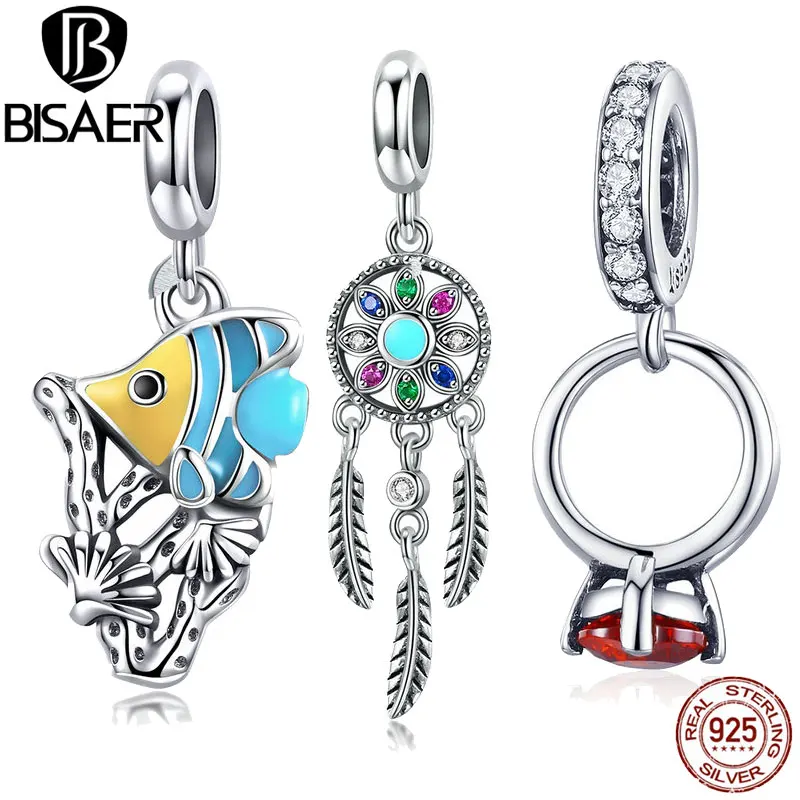 

BISAER Pendant 925 Sterling Silver Bohemia Feather Dream Catcher Tropical Donuts Charms for Women Bracelet and Necklace HSC961