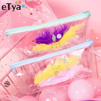 

eTya PVC Cartoon Transparent Cosmetic Bag Pencil Case Makeup Brush Case Coin Pen Storage Zipper Make Up Pouch for Women Girls