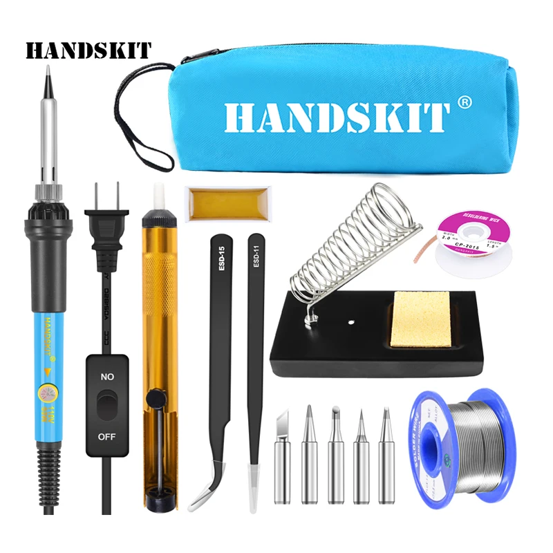 

Handskit 60W 110V 220V Adjustable Temperature Soldering Iron Kit With ON/Off 5 Tips Desoldering Pump Wick Soldering Holder Iron