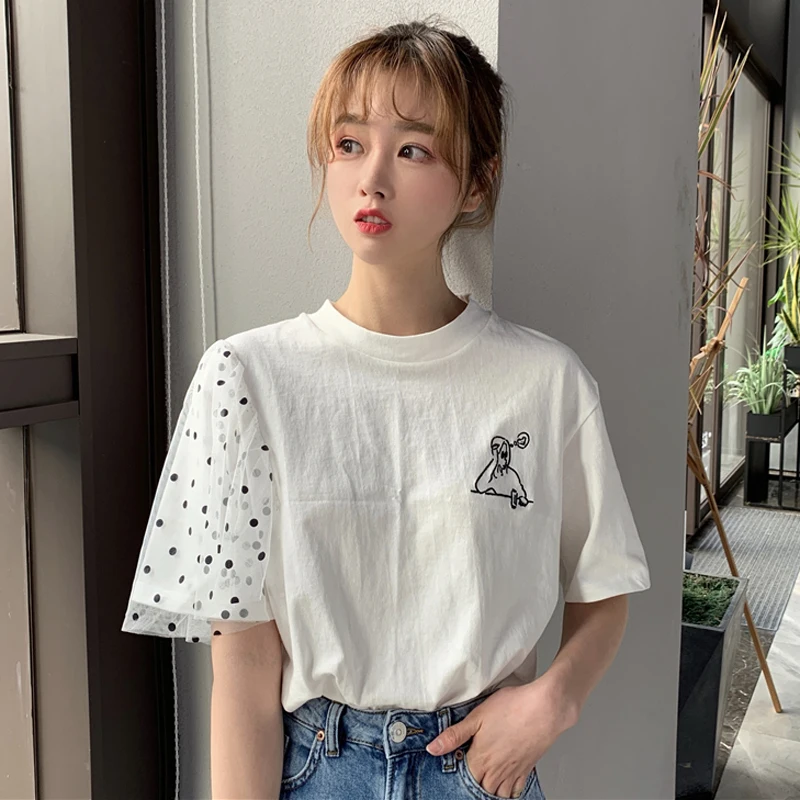 Woherb, летняя женская футболка,, корейский стиль, каваи, вышивка, топы для девушек, Harajuku, Асимметричная футболка, Сетчатая футболка, футболки, Femme 21308 - Цвет: Белый
