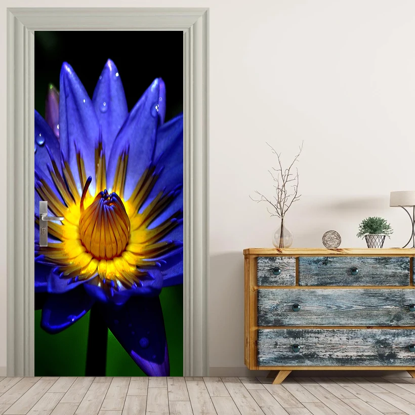 

3D Prints Purple Flower PVC Waterproof Entire Door Sticker Creative Stickers Door Wall Sticker DIY Mural Bedroom Home Decor