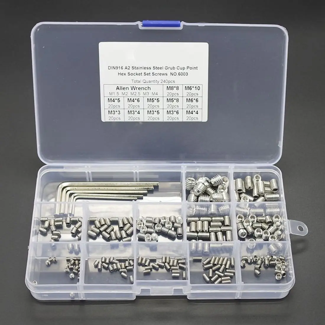 

240Pcs Grub Screw Cup Point Hex Head Socket Set M3x3 M3x4 M3x5 M4x4 M4x5 M4x6 M5x5 M5x8 M6x6 M6x10 M8x8 Hex Key Wrench Stainle