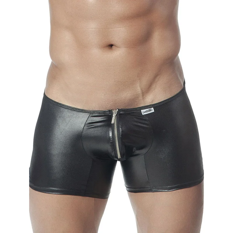 Mens Underwear Boxers Black Vinyl Leather Zip Front Boxer Homme