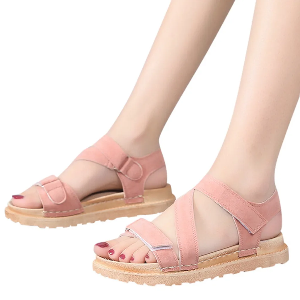 

shoes woman 2019 Pink Women's Flat With Open Toe front & rear strap Sandals hook & loop Muffin Bottom Large Size Roman Shoes