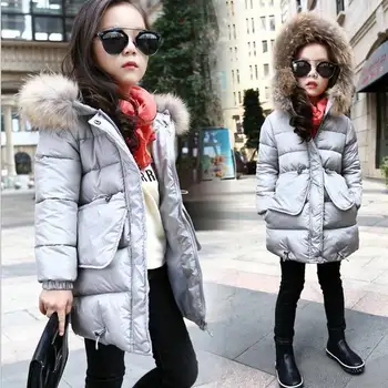 

Winter Girls Coats Medium Long Solid Design Clothes Fur Hooded Kids Pocket Coat Clothing Girl Keep Warm Padded For 6-14Yrs