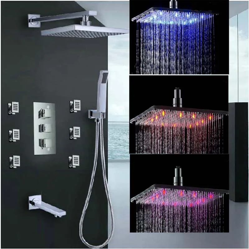3 Color Changing Ceiling Mounted Square Rain Shower Head Whole And Retail Chrome Fomosh Led Square Rain Shower Head Faucet Thermostatic Valve Mage Jets Sprayer