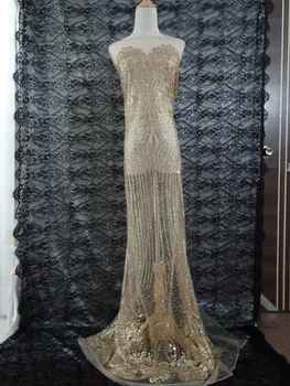 

5 yards/lot gold glued glitter with sequins hot selling african tulle net lace fabric for evening dress