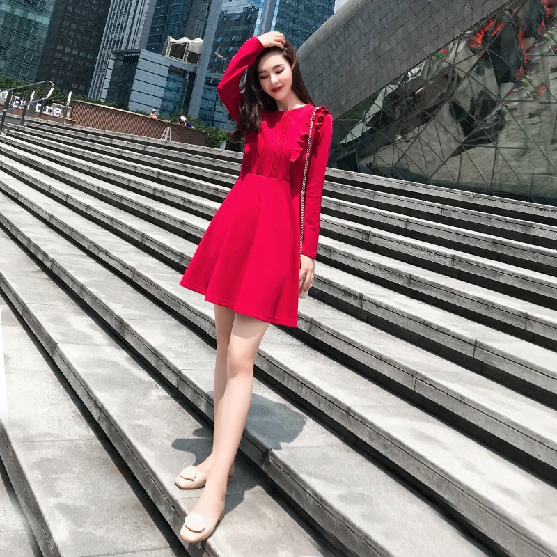 

2019 New Spring Fashion Women's Clothing Solid Color Ruffles A-line Red Dress O-neck Long Sleeves Dresses Female