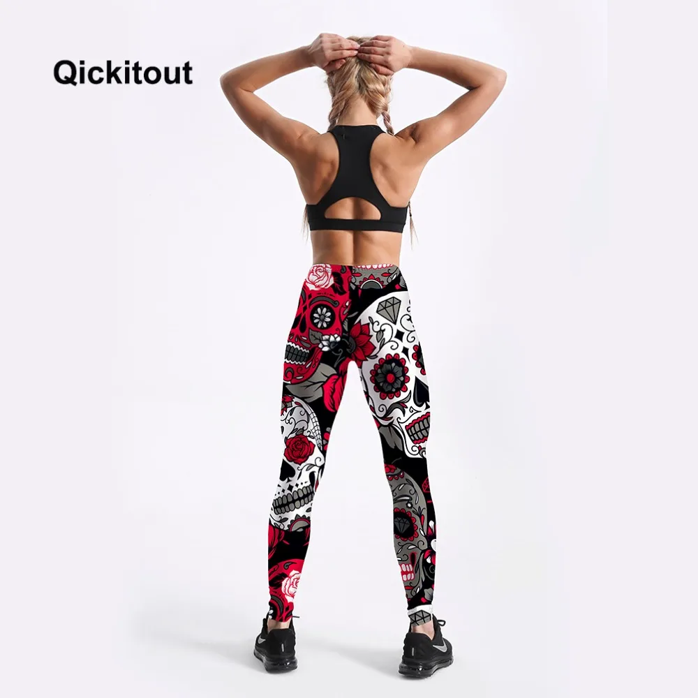 Qickitout Leggings Hot Sell Women's Skull&flower Black Leggings Digital Print Pants Trousers Stretch Pants Plus Size