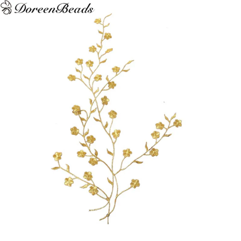 DoreenBeads вышитый цветок сливы патчи железная аппликация для одежды сумки черный золотой серебряный цвет 35 см 1 шт