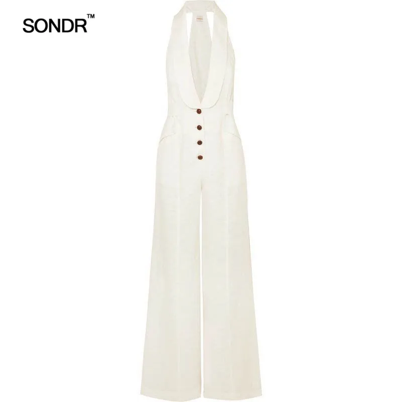 SONDR 2019 summer simple casual solid color women's broad-leg casual pants loose sexy deep V neck neck jumpsuit women SONDR 2019 summer simple casual solid color women's broad-leg casual pants loose sexy deep V neck neck jumpsuit women