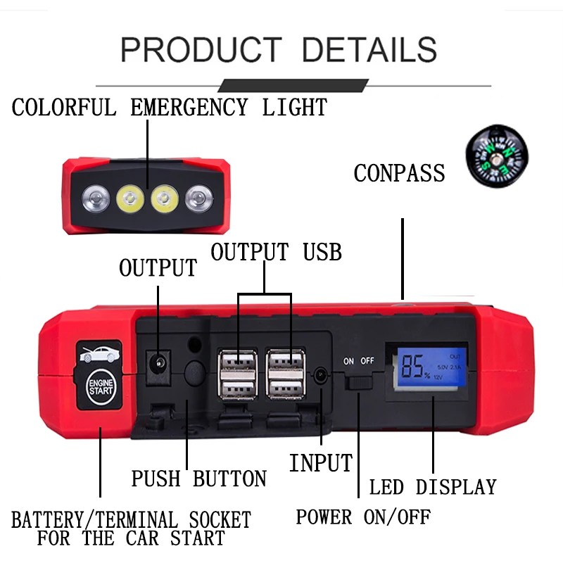 JKCOVER 68000mWh 800A Car Jump Starter for Petrol Car Battery Charger Emergency 60C Discharge Auto Starting High Power Pack Bank