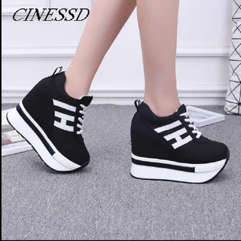 

High-heeled Women's Shoes Low-Up Canvas Women's Shoes Super High-heeled 12cm Thick-soled Muffin Cake Student Board Shoe