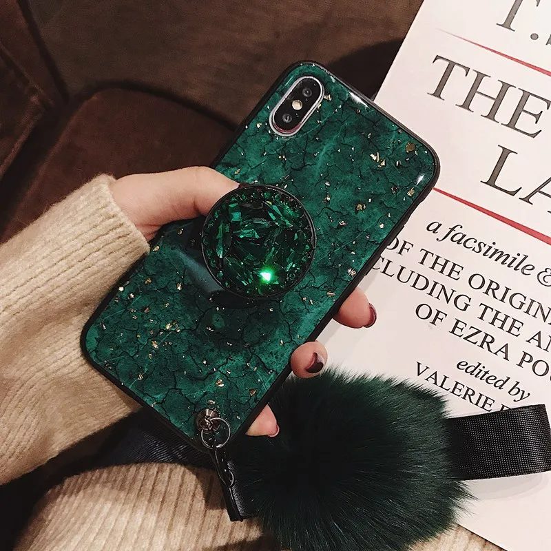 Роскошный Алмазный чехол с помпоном мраморный для iphone 11pro XR XS Max 8 7 plus мягкий