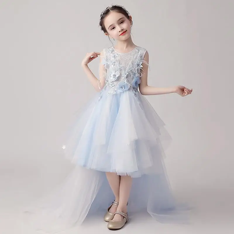 

2019 Kids Girl Lace Mesh Wedding Bridesmaid Clothes Children Pearls Princess Trailing Dress Teen Girl Tulle Party Ball Gown Q847