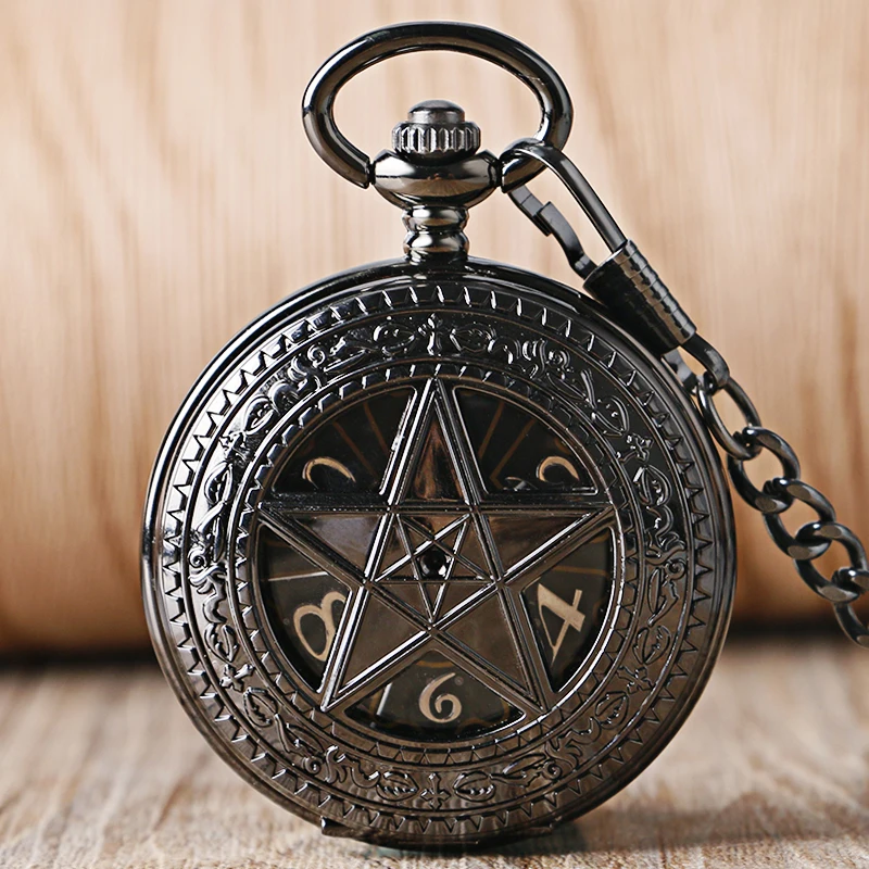

Luxury Steampunk Pentagram Imperial Crown Dial Vintage Skeleton Mechanical Pocket Watch Pendant Chain Creative Fob watch for Men