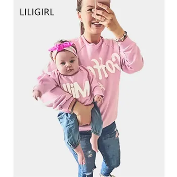 

LILIGIRL Autumn Mother and Me Clothes Coffee Milk Print Pink Coats Mum Baby Outfits Mom Daughter Dress Sweater Family Shirts