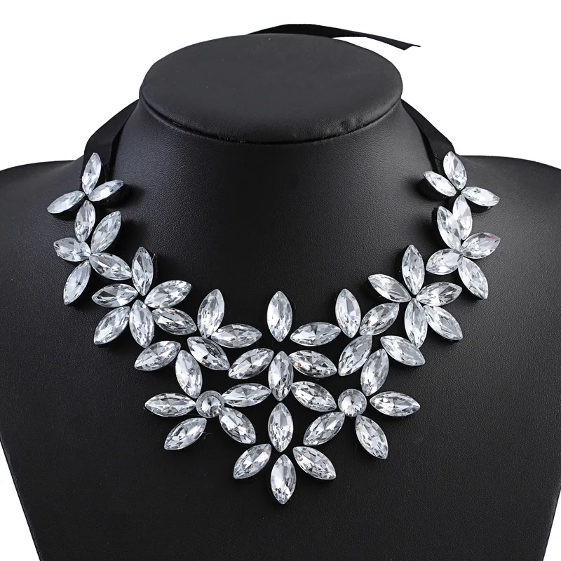 

Fashion Ribbon gem statement with fabric flower long collar necklace woman costume accessories