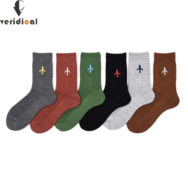 

VERIDICAL good quality 5 pairs/lot men socks cotton long business plane embroidery thick harajuku fluffy socks meias masculino