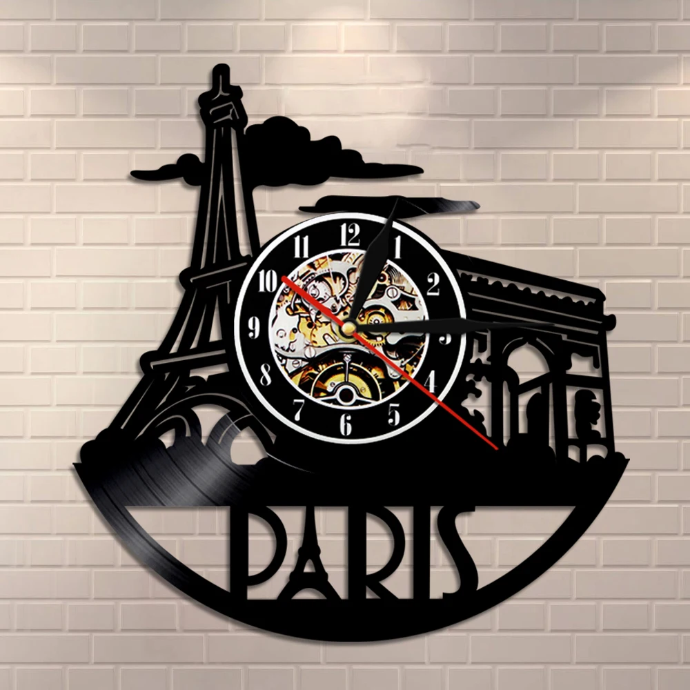 1Piece Paris Skyline Vinyl Record Wall Clock Eiffel Tower Triumphal