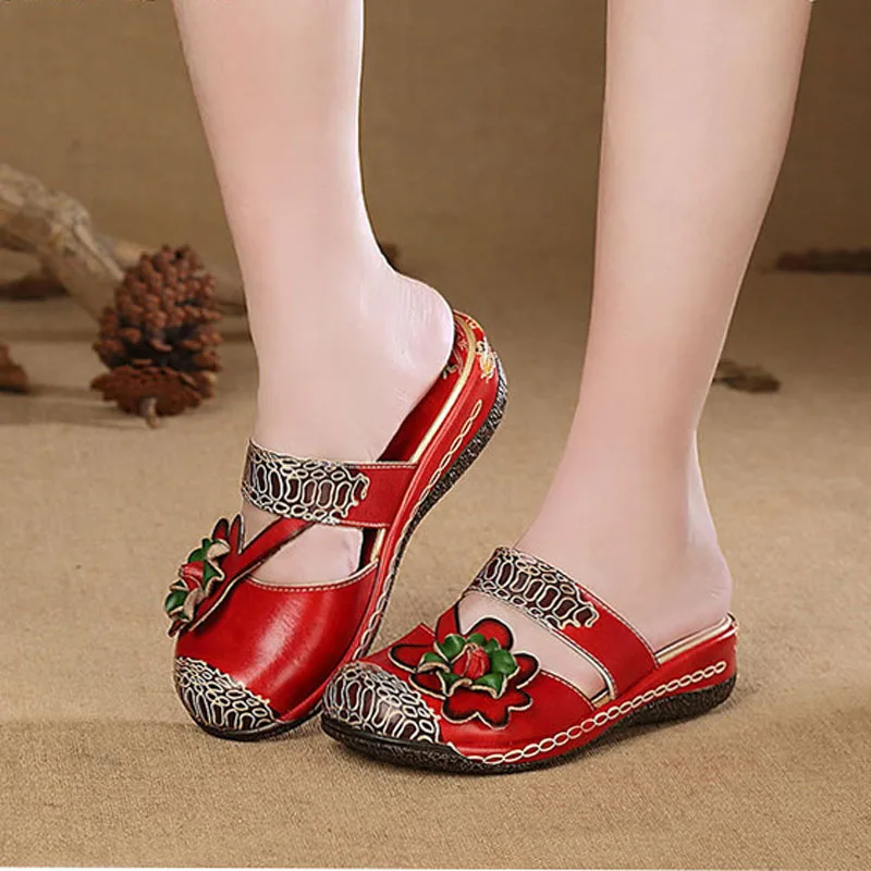 

2019 hot new female sandals national wind leather wedge sandals comfortable breathable slippers