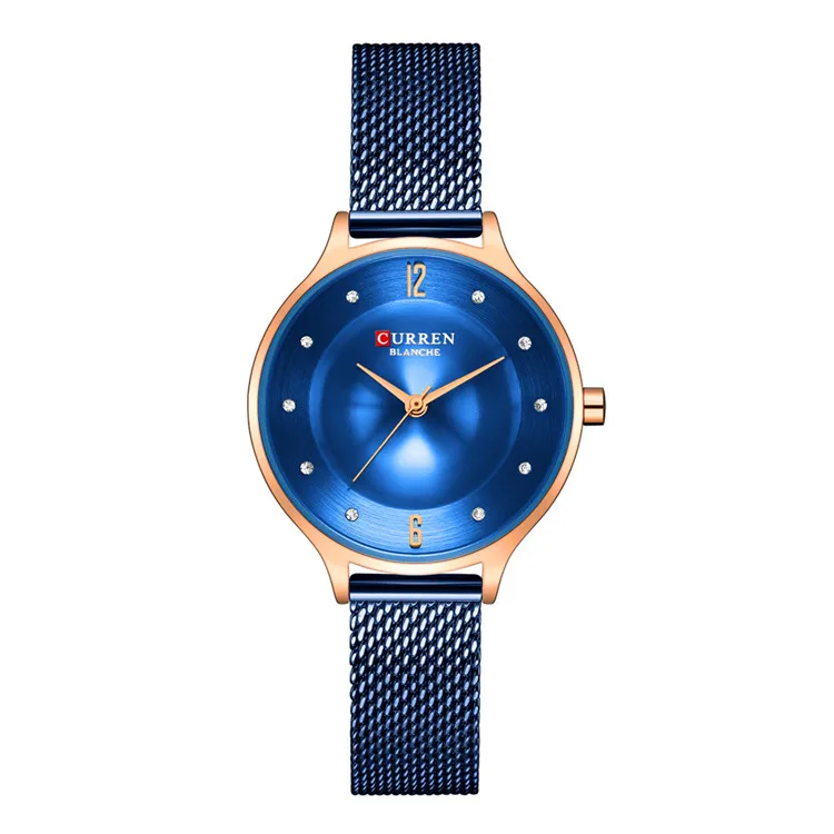 Простой дизайн CURREN женские модные кварцевые женские часы сетчатые наручные часы с романтическим блестящим циферблатом со стразами Reloj Mujer - Цвет: blue