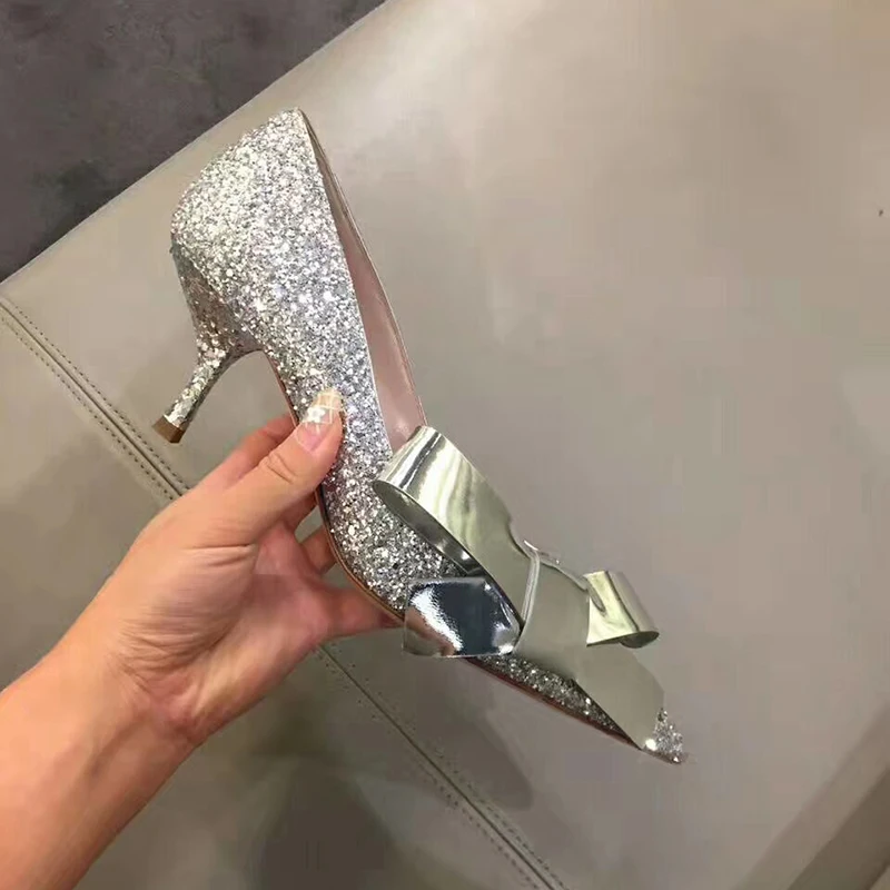 

Kmeioo 2019 Hot Sale Sweet Shoes Women Pointed Toe Kittens Knot Wedding High Heels Bling Evening Shoe For Woman