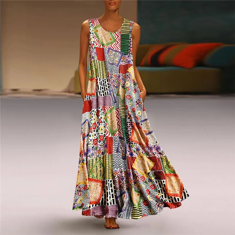 Lipswag 5XL женское Цветочное платье Бохо без рукавов винтажное летнее пляжное длинное платье макси элегантное платье с круглым вырезом размера плюс
