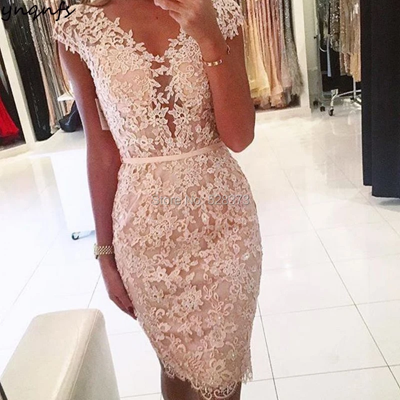 

YNQNFS CD64 Short Bridesmaid Dresses Vestidos Curtos Sexy V Neck Cap Sleeves Backless Party Lace Gown 2018