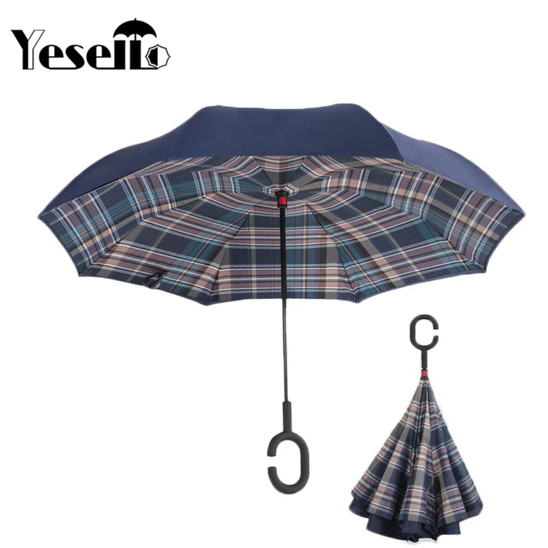 

Yesello Green Plaid Rolling Over Reverse Umbrella Double Layer Inverted Self Stand Rain Protection Long C-Hands Folding
