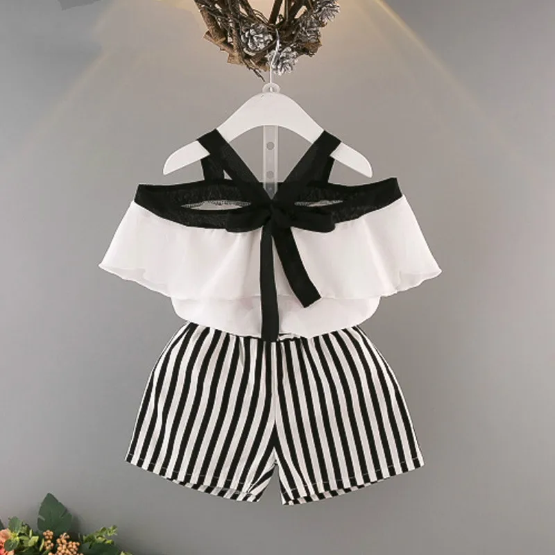 

Girls Clothes 2019 Summer Fashion Ruffled Hanging Neck Chiffon Tops and Striped Shorts for Girl Kids Clothes Set 3 6 7 Years