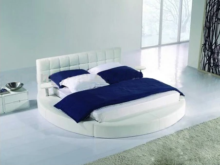 Extra Large Size Round Bed Elegant Cream White Top Grain