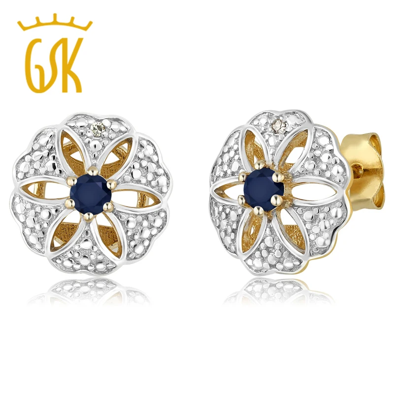 

GemStoneKing 0.26 Ct Natural Blue Sapphire & Diamond 18K Yellow Gold Plated Silver Vintage Elegant Stud Earrings For Women