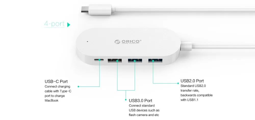 ORICO USB концентратор USB кабель для передачи данных 4 Порты и разъёмы USB разветвитель с Тип-C Мощность Порты и разъёмы Для iMac Vista ноутбуков, Mac OS, Linux, концентратор USB3.0 USB3.1 USB2.0