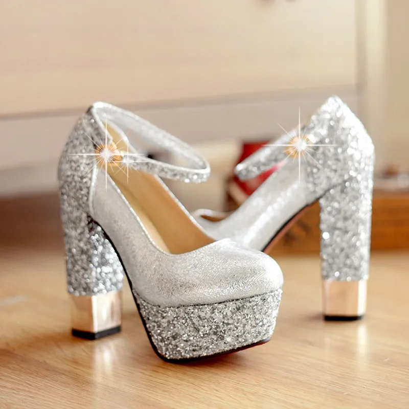 Туфли-лодочки весенне-осенние свадебные туфли с золотыми блестками серебристые женские туфли на очень высоком толстом каблуке с толстой подошвой, большие размеры 32-42