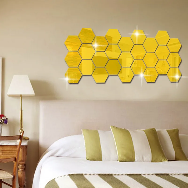 sala de estar decoración de pared de espejo 24 pegatinas hexagonales de acrílico dorado para espejo de pared 2.5 pulgadas/dorado azulejos estéticos para dormitorio espejo autoadhesivo 