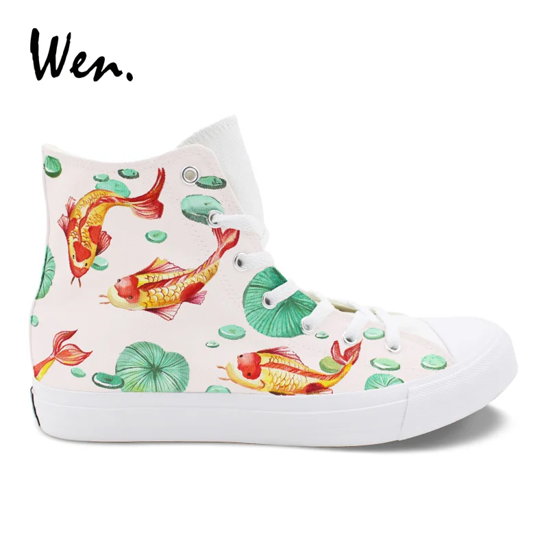 Wen Hand Painted Shoes Design Cyprinoid Fancy Carp Koi Fish Custom High Top Unisex Canvas Sneakers Boy Girl's Flat Footwear Wen Hand Painted Shoes Design Cyprinoid Fancy Carp Koi Fish Custom High Top Unisex Canvas Sneakers Boy Girl's Flat Footwear