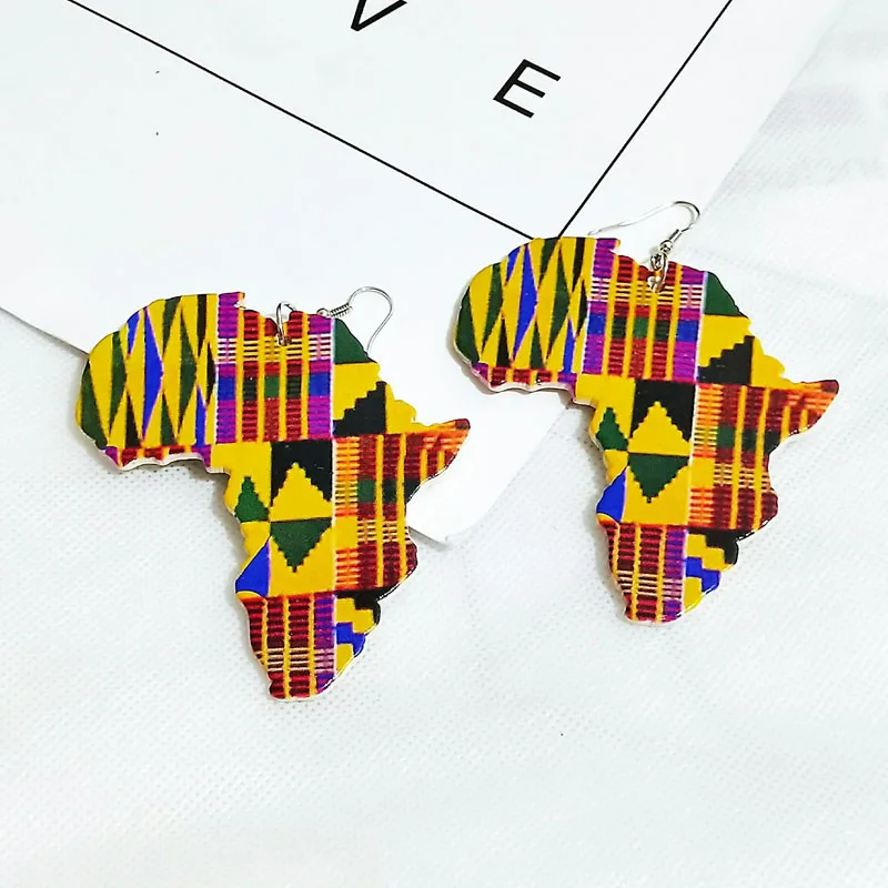 Африканские карты Контурные деревянные африканские красочные печатные полосы треугольные геометрические сережки в стиле афро Винтажные Ювелирные Изделия деревянные DIY аксессуары