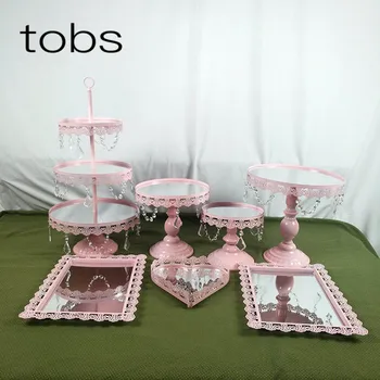 

Pink 1-7PCS Dessert Tray 3 tier Cupcake dessert display Decoration tool Wedding Crystal Mirror Cake Stand set