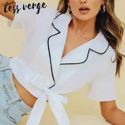 Lessverge отложной воротник белая блузка рубашка с коротким рукавом бант Кнопка корейские женские топ в стиле "преппи" Черная Женская блузка 2019