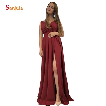 

Burgundy Bridesmaid Dresses Satin A-line V-neck Tank Long Wedding Guest Dress With Side Slit Simple Elegant Lady Party Gowns
