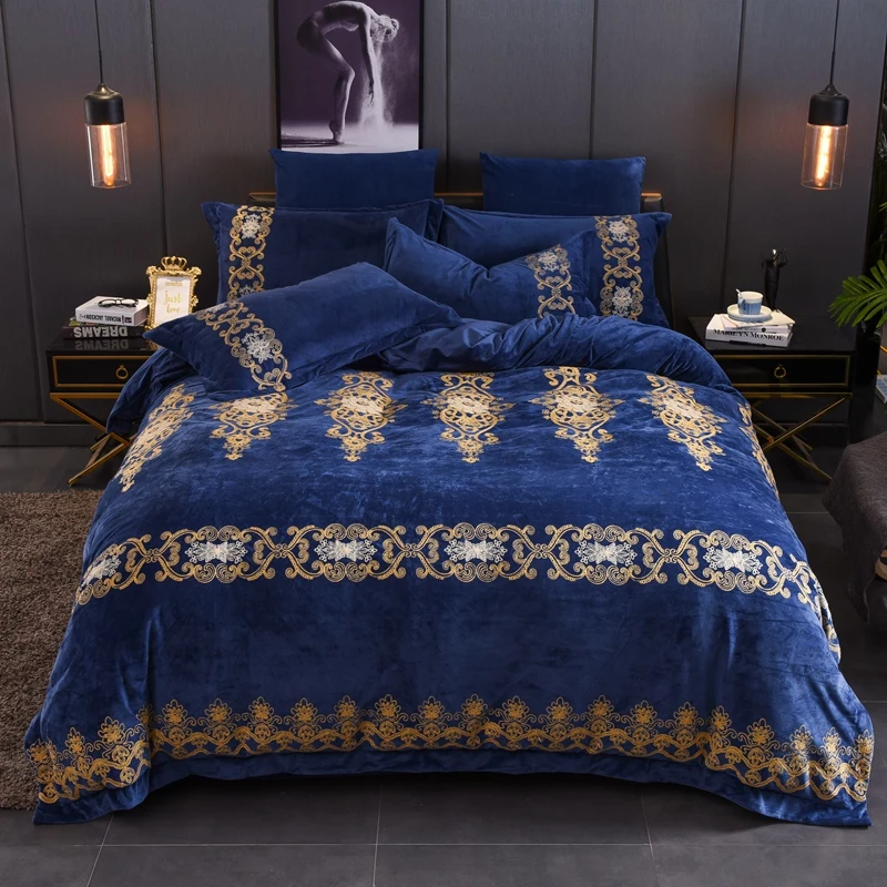

Blue Luxury European Style Royal Embroidery Winter Thick Velvet Flannel Bedding Set Duvet Cover Bed Linen Bed sheet Pillowcases