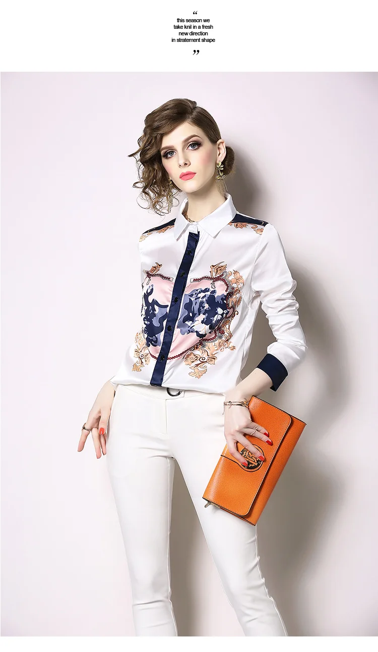 Белая Весенняя Летняя женская подиумная блуза с длинным рукавом OL дизайнерская Повседневная рубашка с принтом и воротником с лацканами