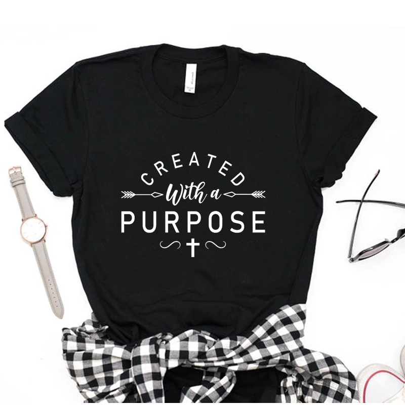 

Created with a Purpose Cross T-Shirt Funny Christian Faith Religious Tee Stylish Grunge Vintage Femme Tees Tops Bible Drop Ship