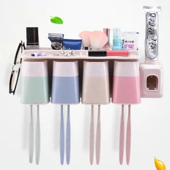 

Family Wall Hanging Sucker Toothbrush Holder Gargle Cup Toothpaste Dispenser New