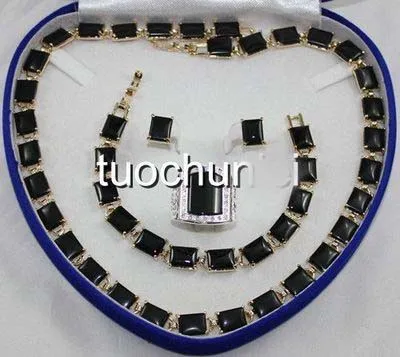 

very good women's Wonderful Black Obsidian Gem Inlay Necklace Bracelet Earring Ring Jewelry Set silver wholesale Quartz stone cr