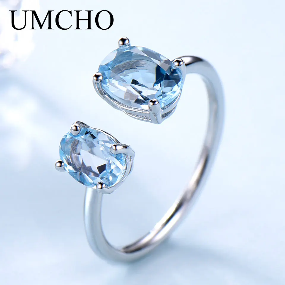 UMCHO 10.7ct кольца с натуральным небесно-голубым топазом для женщин, одноцветное 925 пробы Серебряное обручальное регулируемое кольцо, хорошее ювелирное изделие