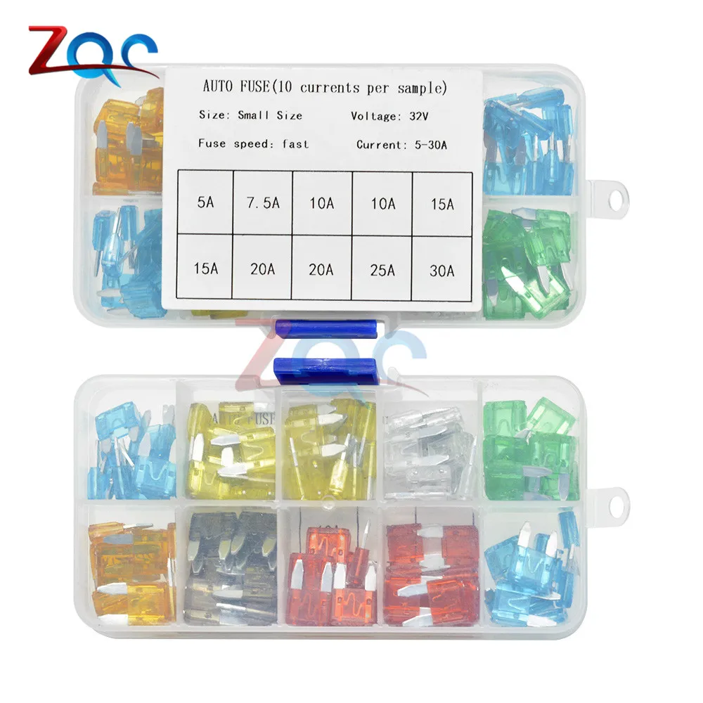 100 шт. предохранители для автомобилей маленького размера 5A 7.5A 10A 15A 20A 25A 30A Ампер зажим ассортимент Авто Мини лопасти Тип предохранитель комплект Грузовик цинковый сплав